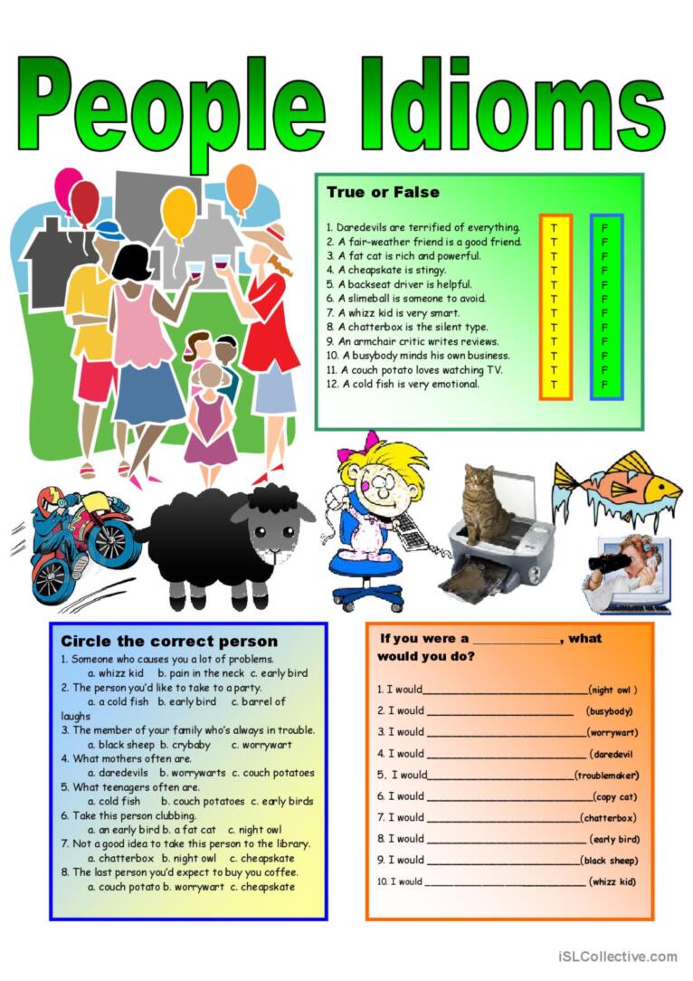 5 Page People Idioms + Vocabulary + KEY : Classroom Poster