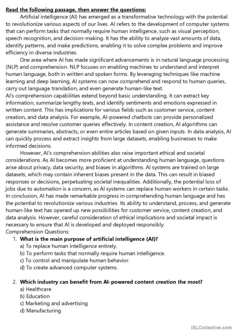 A reading comprehension passage about Artificial intelligence including MCQ, critical thinking , paraphrasing , and open ended questions