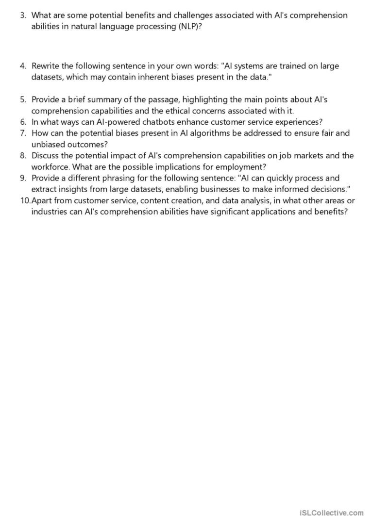 A reading comprehension passage about Artificial intelligence including MCQ, critical thinking , paraphrasing , and open ended questions