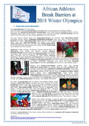 "African Athletes break barriers at 2018 Winter Olympics" - reading, grammar, vocabulary, writing