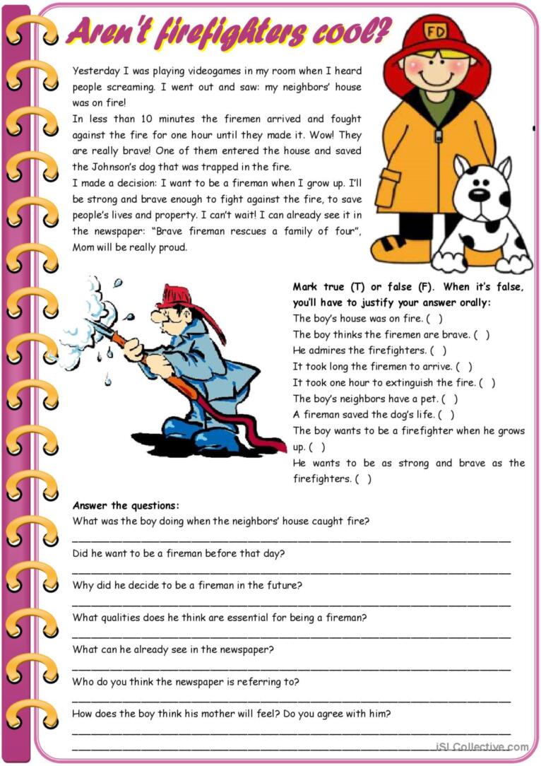 Aren’t firefighters cool? – reading comprehension + grammar (comparative of equality, past simple vs. past continuous) [6 tasks] KEYS INCLUDED ((3 pages)) ***editable