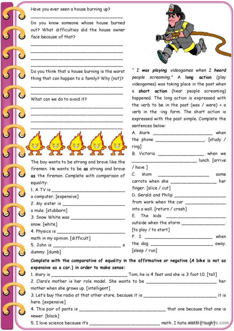 Aren’t firefighters cool? – reading comprehension + grammar (comparative of equality, past simple vs. past continuous) [6 tasks] KEYS INCLUDED ((3 pages)) ***editable