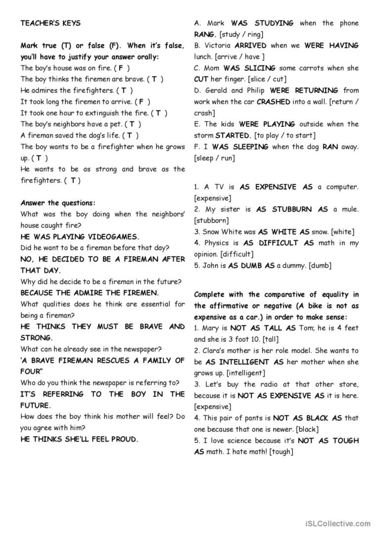 Aren’t firefighters cool? – reading comprehension + grammar (comparative of equality, past simple vs. past continuous) [6 tasks] KEYS INCLUDED ((3 pages)) ***editable