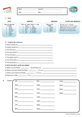 Days Months Seasons and Ordinal numbers