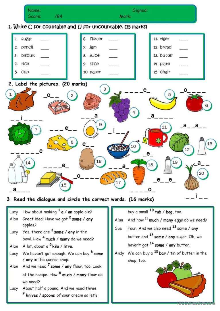 Food - TEST *countable/uncountable;a/an/some/any;food vocabulary