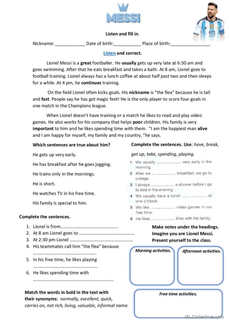 Lionel Messi. Reading comprehension. Present simple
