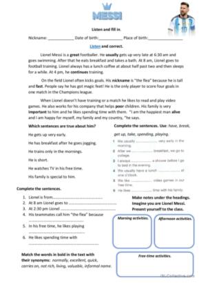 Lionel Messi. Reading comprehension. Present simple