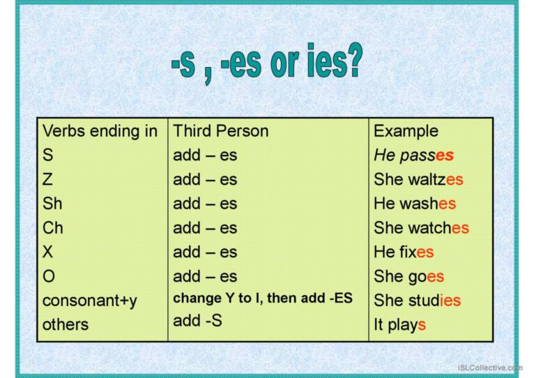 present simple third person s / es/ ies