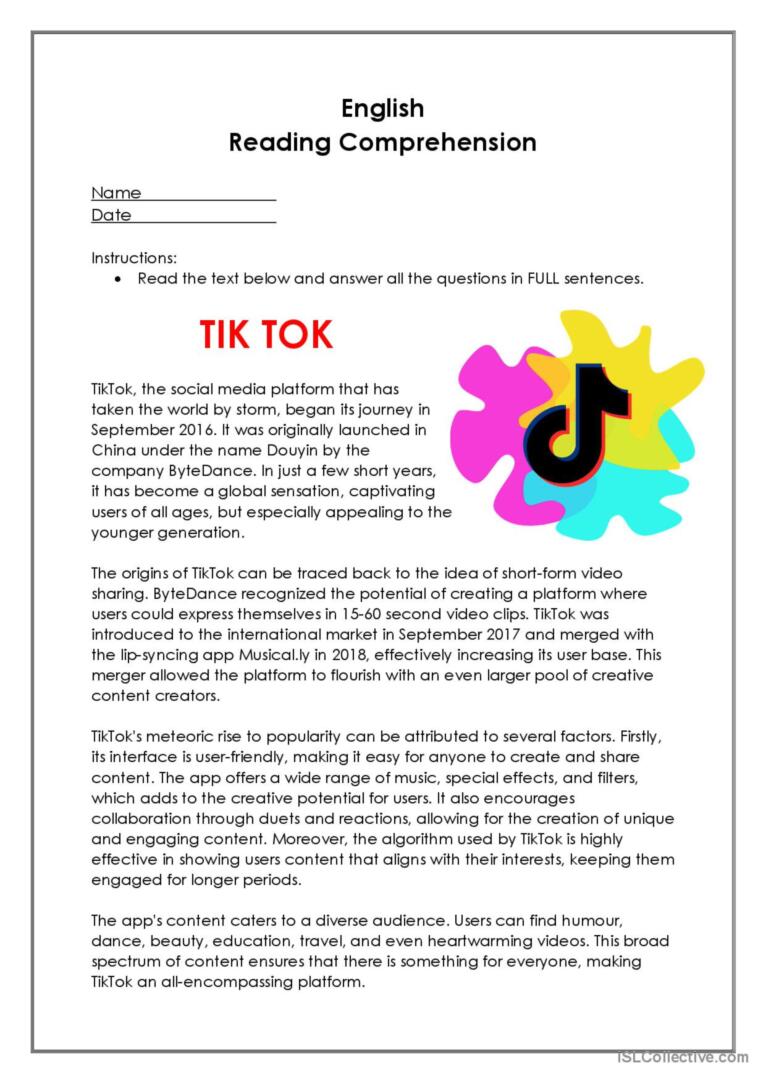 Reading Comprehension TIK TOK