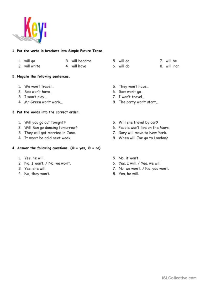 Simple Future Tense - with key