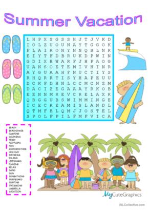 Summer Vacation Wordsearch with KEY