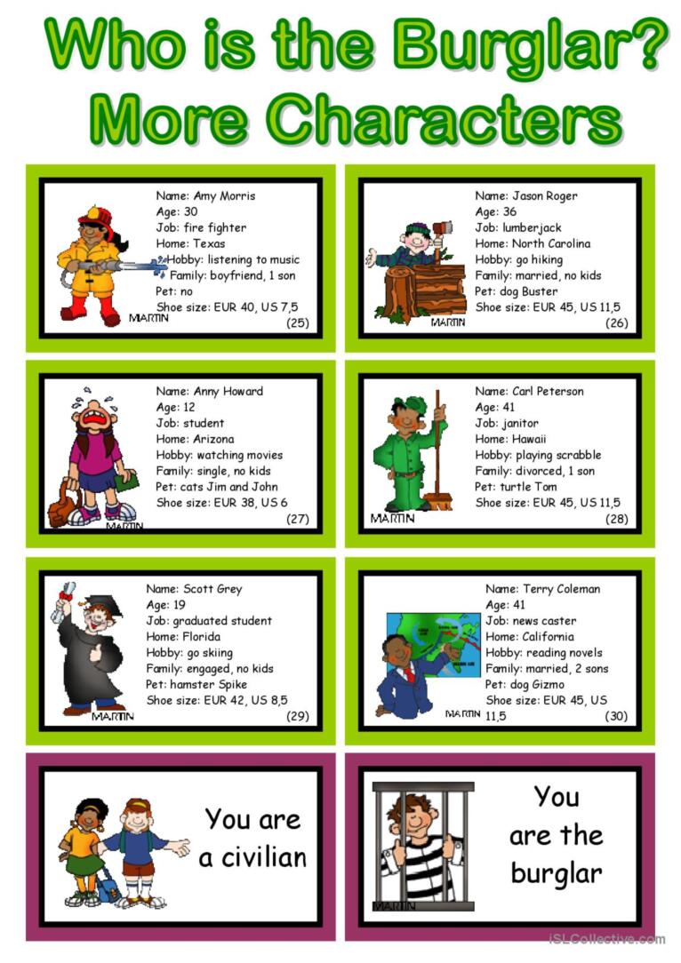 WHO IS THE BURGLAR? - 30 Conversation Cards - Roleplay - Class and Group Speaking