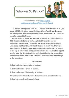 Who was St. Patrick? listening and reading. Saint Patrick's Day